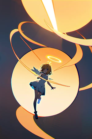 1 girl, blonde, brown eyes, cross-shaped pupils, angel wings, halo, white dress, around there are spheres of yellow light and one of these spheres floats over her hand,full body,anime