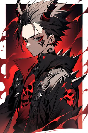 1 man, black eyes (empty stare), (black horns), spiky black hair (combed back), small tattoo on the left side of his forehead, wearing black (with a black coat with skull details),red dark aura 