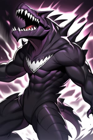 man, piranhas humanoid in shape, demonic, purple, black and white, sharp teeth, large jaws,warrior,anthro