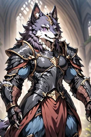 wolf girl, with reddish black fur, with wolf ears, fangs and claws, violet eyes,black armor, with a thin body but with a little muscle,knight,anthro,photo