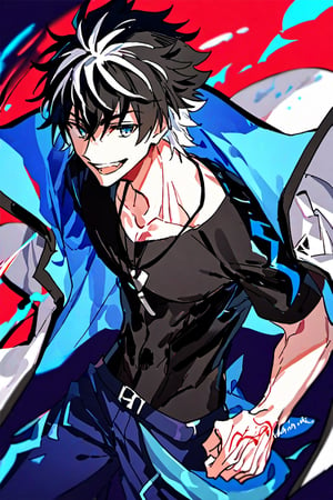 1 man, black hair with white highlights, blue eyes, wearing a black t-shirt, blue pants, necklace, sharp teeth, with defined abominals, two-tone hair,charlemagne_fate