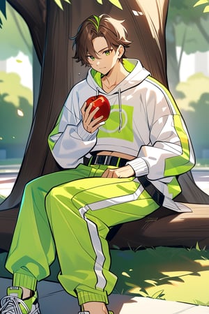 1 man, brown hair with lime green highlights, bright lime green eyes, masculine focus, modern white and lime clothing, sweatshirt big, sitting under the shade of a park tree, tall stature, athletic body, crop top, belt, pants, eating an apple,TechStreetwear