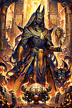 Egyptian mythological god Anubis, His clothing fuses traditional avant-garde elements, Egyptian temple, hieroglyphics. With every chord,LegendDarkFantasy, monster,more detail XL