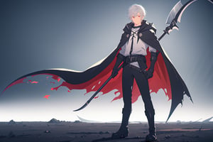 solo, looking at viewer, 1boy, holding, hair between eyes, closed mouth, standing, full body, weapon, gray hair, eyes red , male focus, boots, belt, pants, hood, medium hair, cape, black footwear, holding weapon, gradient, torn clothes, gradient background, black pants, cloak, black cape, scythe, black cloak, holding scythe, torn cape, torn