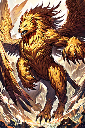 The griffin is a mythological creature, whose front part is that of a giant eagle, with white feathers, sharp beak and powerful claws. The back is that of a lion, with yellow fur, muscular legs and a long tail.
