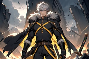 solo , arrogant smile, short hair, bangs, blue eyes, shirt, gloves, long sleeves, 1man,, closed mouth,athletic body, standing, white hair, male focus, cowboy shot, black gloves, belt, pants, fur trim, black shirt, black pants, gold trim , The dark and stormy sky reflects the intensity of the combat, shrouded in ruins, their swords clashing ,niji5 