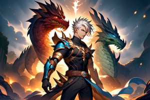 solo , arrogant smile,  short hair, white hair, spiked hair, pixie cut, bangs, blue eyes, shirt, gloves, long sleeves, 1man,, closed mouth,muscle body, standing, white hair, male focus, cowboy shot, black gloves, belt, pants, blue trim, black shirt, black pants, gold trim , The dark and stormy sky reflects the intensity of the combat1dragon lower its head, at night, gently, epic fantasy card game art, highly detailed fantasy art, detailed digital 2d fantasy art, epic fantasy artwork, detailed fantasy art, epic fantasty card game art, Dungeons&Dragons Fantasy Art, hyperrealistic d & d fantasy art, symmetrical spectacular fantasy art, cyborg dragon portrait,leviathandef