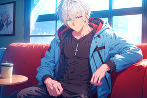 man, male focus, solo, white hair, jacket, looking at viewer, black_shirt, shirt, hood, an muscle body, sitting, anime coloring, blue jacket, couch, open clothes