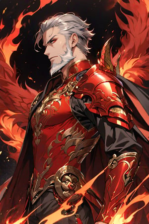 A profile view of an older gentleman, revealing part of his body and his tattoo of a red dragon on his shoulder. His hair is gray, green eyes, red Chinese shirt, black pants, with intricate red armor and a dark cape, beard, intricate details, highly detailed eyes, fire aura