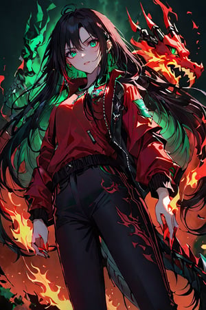 a teenage girl, long black hair (with fiery red tips), emerald green eyes, red jacket with a dragon logo, black pants, high quality, high resolution, high precision, color correction, appropriate lighting settings, harmonious composition .,Visual_Illustration