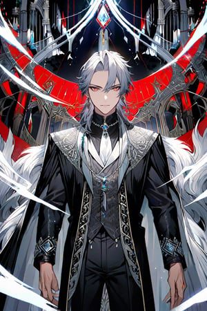 an older man,aristocrat, His hair is gray, red eyes, gray shirt, black pants, with an intricate dark cape, silver necklace, white tie, intricate details, very detailed eyes, silver aura, Beautiful Eyes.