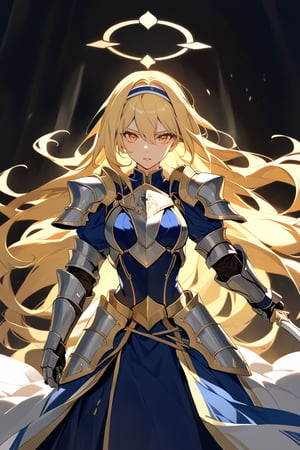 alone, bangs, yellow eyes, blonde hair, hair between eyes, very long hair,yellow halo, medium chest, very long hair, yellow eyes, aura of light, headband, white Headband, dress, cape, armor, blue dress, gauntlets, shoulder pads, cuirass, armored dress, faulds, white cape, paladin, armor gold, body armor, combat stance, weapon, sword, holding weapon, looking at viewer