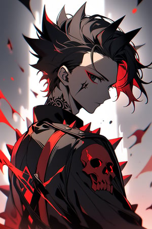 1 man, black eyes (empty stare), black horns, spiky black hair (combed back), small tattoo on the left side of his forehead, wearing black (with a black coat with skull details),red dark aura 