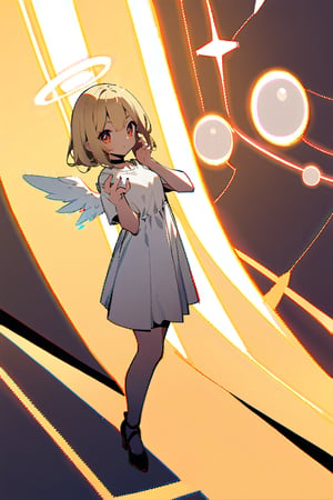 1 girl, blonde, brown eyes, cross-shaped pupils, angel wings, halo, with a threatening look, white dress, around there are spheres of yellow light and one of these spheres floats over her hand,full body