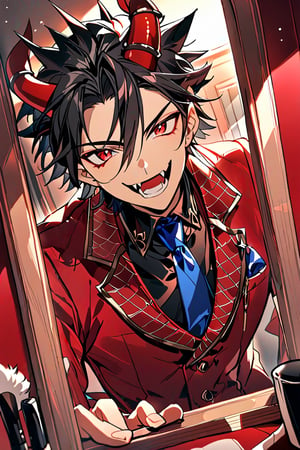 1 man, crimson eyes (happy look), vampire fangs, spiky black hair with horn on his head, dressed in red (in an elegant red bleicer with a blue tie), grooming himself in front of the mirror