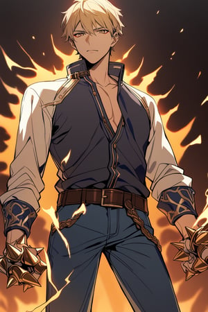 alone, short hair, blonde hair with dark highlights, golden eyes, details, long sleeved shirt, 1 man, standing, male focus, belt, pants, blue pants, aura, with gold spiked knuckles,laios