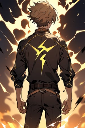 alone, short hair, light brown hair, neon yellow eyes, brown trim adorned with grifon symbols, long sleeves, 1 man, standing, male focus, athletic body, belt, pants, black shirt adorned with yellow lightning bolts symbols, black pants, aura, details