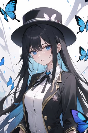 shows elements, circus hat and master of ceremonies, intense and bright colors, teenage girl, long black hair, tresas, light blue eyes, butterfly details,NJI BEAUTY,Spring