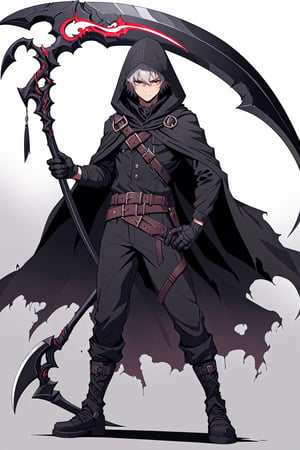 solo, looking at viewer, 1boy, holding, hair between eyes, closed mouth, standing, weapon, gray hair, eyes red , male focus, boots, belt, pants, hood, medium hair, cape, black footwear, holding weapon, gradient, torn clothes, gradient background, black pants, cloak, black cape, scythe, black cloak, holding scythe, torn cape, torn,blad4,DonM5cy7h3