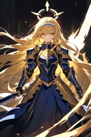 alone, bangs, yellow eyes, blonde hair, hair between eyes, very long hair,yellow halo, medium chest, very long hair, yellow eyes, aura of light, headband, white Headband, dress, cape, armor, blue dress, gauntlets, shoulder pads, cuirass, armored dress, faulds, white cape, paladin, armor gold, body armor, combat stance, weapon, sword, holding weapon, looking at viewer