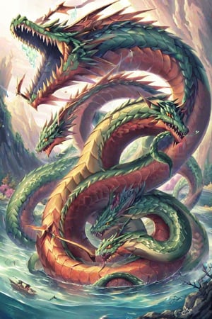 an ancient and merciless chthonic aquatic monster, shaped like a multi-headed snake (whose number of heads ranges from three, five, seven) and poisonous breath. The heads are dragons, in its lair the lake,dragonyear