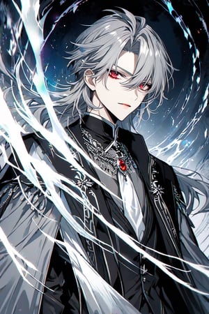 an older aristocrat, His hair is gray, red eyes, gray shirt, black pants, with an intricate dark cape, silver necklace, white tie, intricate details, very detailed eyes, silver aura, Beautiful Eyes.