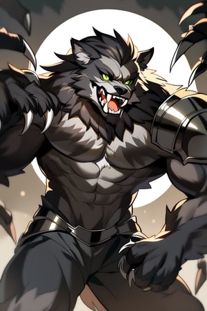 1 werewolf, gray and black fur, showing his fangs and claws, green eyes, metal armor,anthro