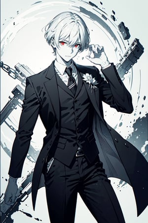 ((masterpiece, best quality)),(monochrome art),1men,silver hair,red eyes,professor outfit,Redayana, background in the tartarus