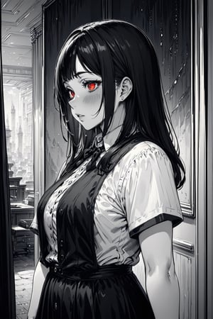 ((masterpiece, best quality)),(monochrome art),kaguya shinomiya,black hair hair,red eyes,professor outfit,Redayana, background in the tartarus