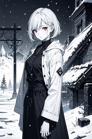((masterpiece, best quality)),(monochrome art),snow white,silver hair,red eyes,professor outfit,Redayana, background in the tartarus