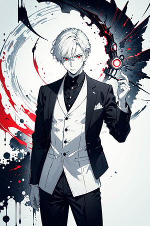 ((masterpiece, best quality)),(monochrome art),1men,silver hair,red eyes,professor outfit,Redayana, background in the tartarus