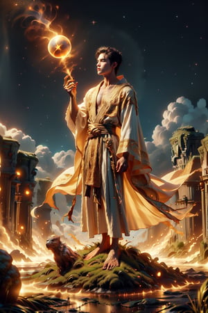 A European magic robed figure standing on the edge of a cliff, gazing at a vast, starry sky. The figure holds a staff with a glowing orb at its tip, casting a soft light on a path of floating, ethereal stones leading into the cosmos. the robe is open so his body is exposed, he's a handsome, muscular man, he has and big penis, muscular thigh 