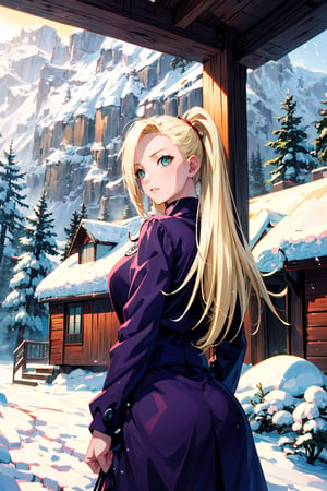 Highly detailled,High quality, masterpiece, beautiful ,(medium long), a woman ino from naruto (blond hair,green eyes, detailed backgraund a cabin in a snowy environment)