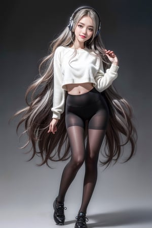 warm light room Beautiful woman with silver long hair against a grey background.over-the-ear headphones Smile,black tights top,Girl, smile, very happy,full-body