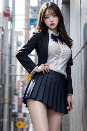 masterpiece, best quality, ultra realistic illustration, 16K, (HDR), high resolution, female_solo, (long hair:1.3) , slender hot body proportion , looking at viewer, 1 Japanese girl with blue eyes , (tight school uniform shirt) ,bow tie, (black pleated short skirt:1.3), (highly detailed background of japan street), add More Detail, Color magic, perfect fingers, girl, jp_school_uniform, Bomi, chinatsumura, sexy pose, dynamic pose, big_boobs, (full body shot), black tights, (wearing a black blazer:1.3), loafers, (from below:1.2), ,ｍenesu