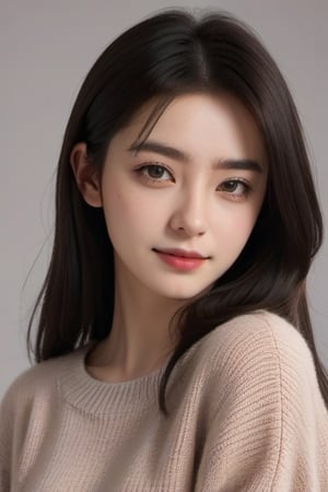 1girl, solo, long hair, looking at viewer, smile, simple background, black hair, long sleeves, closed mouth, upper body, grey background, mole, black eyes, sweater, lips, realistic,JeeSoo ,Makeup,LinkGirl