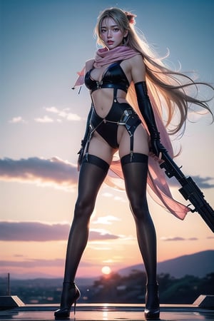 Full body shot standing sideways, beautiful sunset, sexy young female warrior, slender waist, plump and slender figure, long blond hair with butterfly hair accessories swaying in the wind, exquisite makeup, wearing a damaged transparent pink camouflage tights , wearing uniform, red silk scarf, pink suspender hollow stockings, pink 10-inch high heels, standing on the edge of the roof, waist straight, legs spread, holding advanced rifle, battle city background, 8K Artgerm, more details