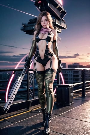 Sideways standing photo, beautiful sunset, sexy young female warrior, slender waist, plump and slender figure, wearing a one-sided walkie talkie to reveal her long golden hair swaying in the wind, exquisite makeup, wearing a pink camouflage tight transparent combat uniform and red silk scarf, with shiny strands of light sticking to the exposed skin, wearing pink suspender hollow stockings, pink 10-inch high heels, standing with her waist straight and legs apart, standing on the edge of the roof carrying an electromagnetic sniper cannon, with a battle city background and a floating space battleship. In the sky, 8K Artgerm, more details