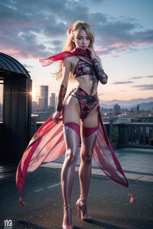 Full body shot standing sideways, beautiful sunset, sexy young female warrior, slender waist, plump and slender figure, long blond hair with butterfly hair accessories swaying in the wind, exquisite makeup, wearing a damaged transparent pink camouflage tights , wearing uniform, red silk scarf, pink suspender hollow stockings, pink 10-inch high heels, standing on the edge of the roof, waist straight, legs spread, holding advanced rifle, battle city background, 8K Artgerm, more details