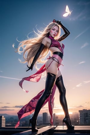 Full body photo standing sideways, beautiful sunset, sexy young female warrior, slender waist, plump and slender figure, long blond hair with butterfly hair accessories swaying in the wind, exquisite makeup, wearing transparent pink camouflage tights. Fighting, wearing uniform, red silk scarf, pink suspender hollow stockings, pink 10-inch high heels, standing on the edge of the roof, waist straight, legs spread, holding advanced rifle gun, fighting city background, 8K Artgerm, more detail