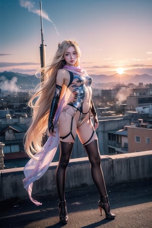 Full body shot standing sideways, beautiful sunset, sexy young female warrior, slender waist, plump and slender figure, long blond hair with butterfly hair accessories swaying in the wind, exquisite makeup, wearing transparent pink camouflage suspender hollow stockings ,wearing  hollow combat uniform(Damage,broken), red silk scarf, pink 10-inch high heels, standing on the edge of the roof, waist straight, legs spread, holding advanced rifle(full length), battle city background(with smoke), 8K Artgerm, more details