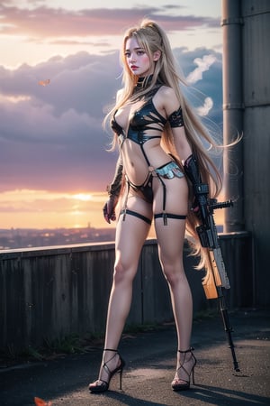 Full body shot standing sideways, beautiful sunset, sexy young female warrior, slender waist, plump and slender figure, long blond hair with butterfly hair accessories swaying in the wind, exquisite makeup, wearing transparent pink camouflage suspender hollow stockings ,wearing  hollow combat uniform(Damage,broken), red silk scarf, pink 10-inch high heels, standing on the edge of the roof, waist straight, legs spread, holding advanced rifle(full length), battle city background(with smoke), 8K Artgerm, more details