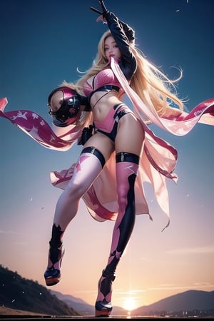 Sideways standing full body photo, beautiful sunset, sexy young female warrior, slender waist, plump and slender figure, half-covering her eyes with a combat helmet, long blond hair swaying in the wind, exquisite makeup, wearing a transparent pink camouflage tights for combat Wearing a uniform and red silk scarf, pink suspender hollow stockings, and pink 10-inch high heels,FLY IN THE SKY and legs spread apart,BOTH HAND holding machine gun, battle city background, 8K Artgerm, more details