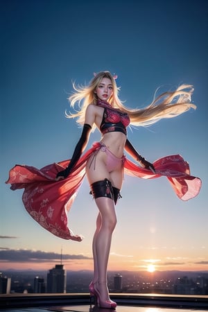 Full body shot standing sideways, beautiful sunset, sexy young female warrior, slender waist, plump and slender figure, long blond hair with butterfly hair accessories swaying in the wind, exquisite makeup, wearing a damaged transparent pink camouflage tights , wearing uniform, red silk scarf, pink suspender hollow stockings, pink 10-inch high heels, standing on the edge of the roof, waist straight, legs spread, holding advanced rifle, battle city background, 8K Artgerm, more details