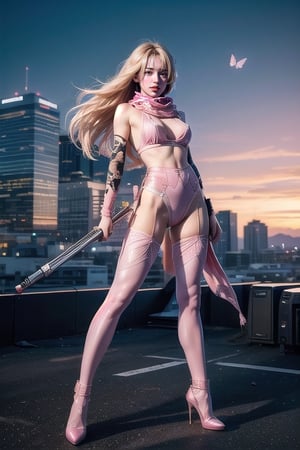 Full body shot standing sideways, beautiful sunset, sexy young female warrior, slender waist, plump and slender figure, long blond hair with butterfly hair accessories swaying in the wind, exquisite makeup, wearing a damaged transparent pink camouflage tights , wearing uniform, red silk scarf, pink suspender hollow stockings, pink 10-inch high heels, standing on the edge of the roof, waist straight, legs spread, holding advanced rifle, battle city background, 8K Artgerm, more details