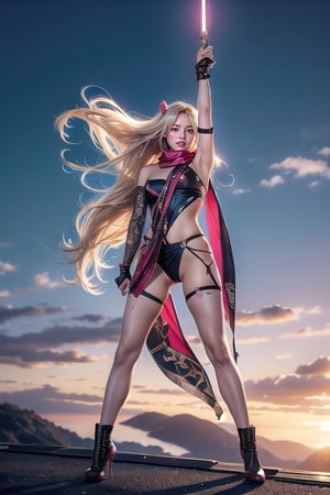 Full body shot standing sideways, beautiful sunset, sexy young female warrior, slender waist, plump and slender figure, long blond hair with butterfly hair accessories swaying in the wind, exquisite makeup, wearing a damaged transparent pink camouflage tights , wearing uniform, red silk scarf, pink suspender hollow stockings, pink 10-inch high heels, standing on the edge of the roof, waist straight, legs spread, holding advanced rifle, battle city background, 8K Artgerm, more details