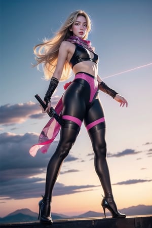 Full body shot standing sideways, beautiful sunset, sexy young female warrior, slender waist, plump and slender figure, long blond hair with butterfly hair accessories swaying in the wind, exquisite makeup, wearing a damaged transparent pink camouflage tights , wearing uniform, red silk scarf, pink suspender hollow stockings, pink 10-inch high heels, standing on the edge of the roof, waist straight, legs spread, holding advanced rifle, battle city background, 8K Artgerm, more details