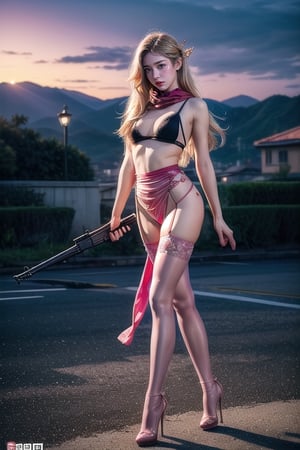 Full body shot standing sideways, beautiful sunset, sexy young female warrior, slender waist, plump and slender figure, long blond hair with butterfly hair accessories swaying in the wind, exquisite makeup, wearing a damaged transparent pink camouflage tights , wearing uniform, red silk scarf, pink suspender hollow stockings, pink 10-inch high heels, standing on the edge of the roof, waist straight, legs spread, holding advanced rifle, battle city background, 8K Artgerm, more details