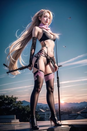 Full body shot standing sideways, beautiful sunset, sexy young female warrior, slender waist, plump and slender figure, long blond hair with butterfly hair accessories swaying in the wind, exquisite makeup, wearing a damaged transparent pink camouflage tights , wearing uniform, red silk scarf, pink suspender hollow stockings, pink 10-inch high heels, standing on the edge of the roof, waist straight, legs spread, holding advanced rifle, battle city background, 8K Artgerm, more details