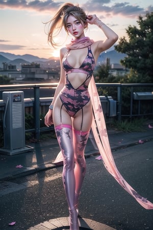 Full body shot standing sideways, beautiful sunset, sexy young female warrior, slender waist, plump and slender figure, long blond hair with butterfly hair accessories swaying in the wind, exquisite makeup, wearing a damaged transparent pink camouflage tights , wearing uniform, red silk scarf, pink suspender hollow stockings, pink 10-inch high heels, standing on the edge of the roof, waist straight, legs spread, holding advanced rifle, battle city background, 8K Artgerm, more details